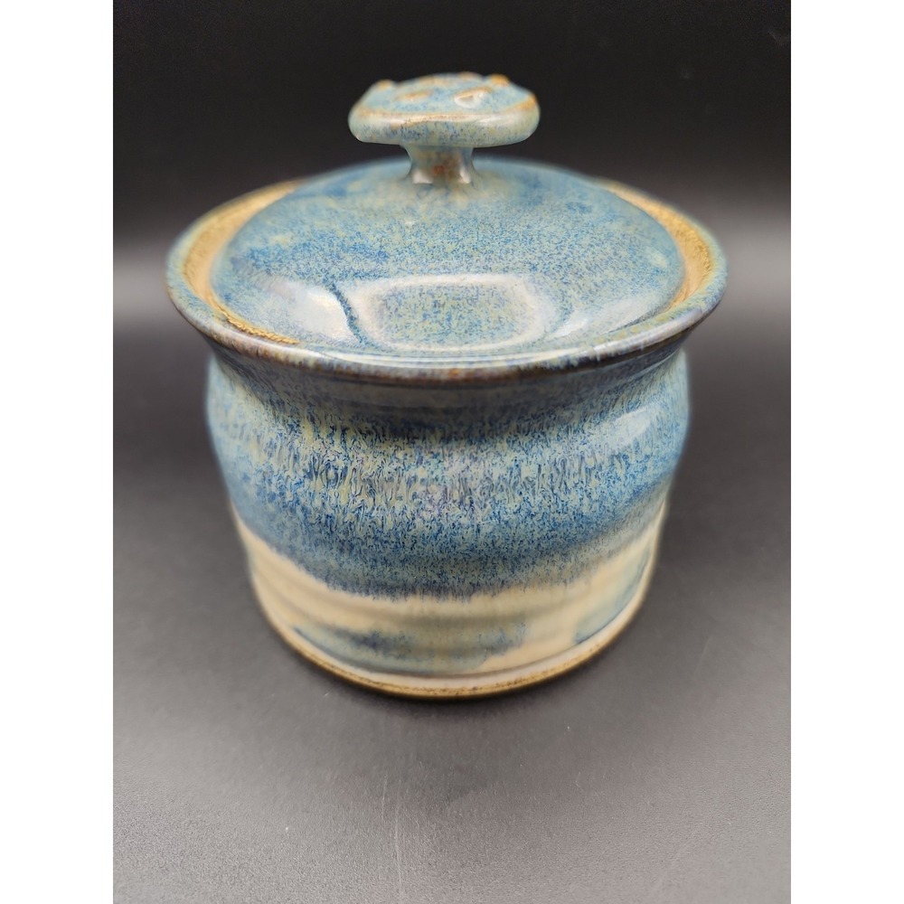 Handmade Stoneware sugar Bowl With Lid.  Artist Signed 3.5" Blue And Cream
